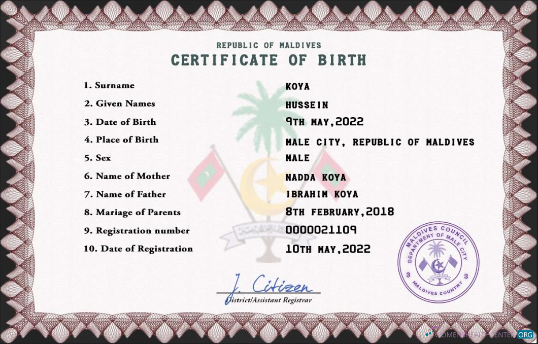Download Maldives vital record birth certificate PSD template Photoshop template